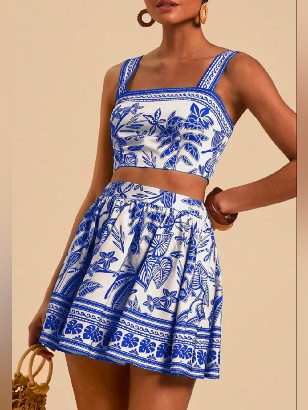 Floerns Blue & White Floral Cropped Top - Women's Greece-Inspired Vacation Top